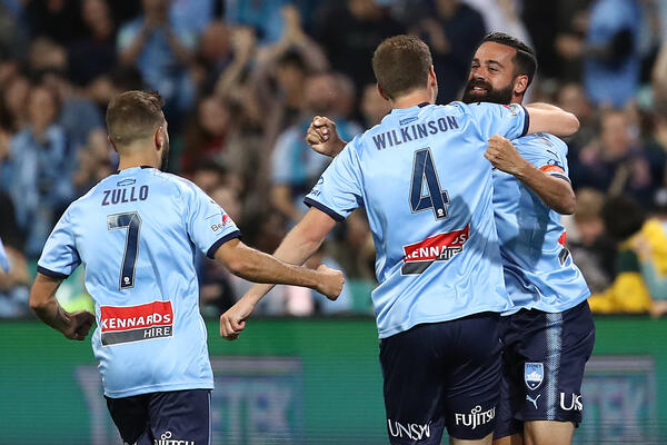 Alex Brosque celebrates his goal against the Wanderers in Round 2.