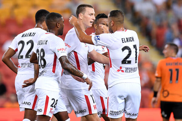 Wanderers celebrate Mitch Duke goal