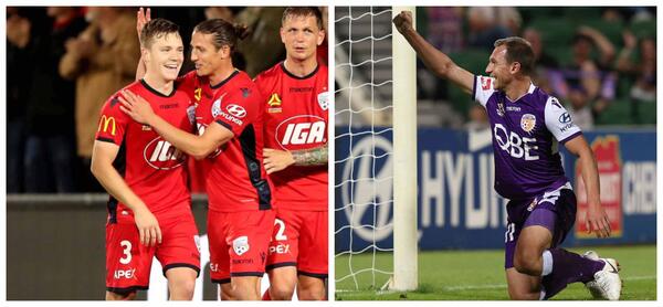 Scott Galloway Adelaide United and Brendon Santalab Perth Glory