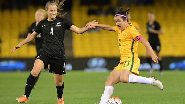 Westfield Matildas co-captain Lisa De Vanna has a shot at goal against the Football Ferns at Etihad Stadium.