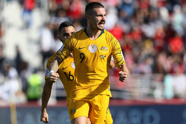 Jamie Maclaren celebrates his goal.