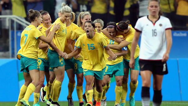 Sam Kerr celebrates scoring against Germany at the Rio Games.