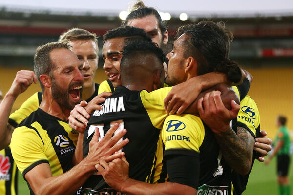 Wellington Phoenix celebrate a goal.