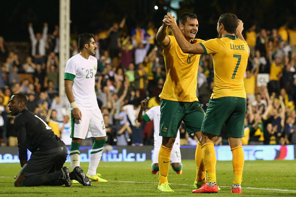 Bailey Wright celebrates his goal on debut against Saudi Arabia.