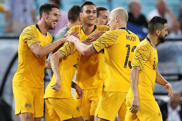 The Caltex Socceroos celebrate a goal.