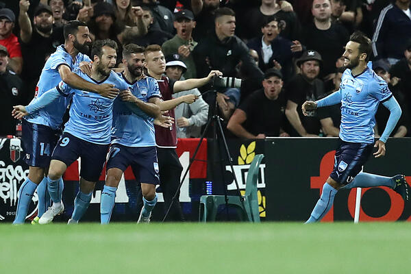 Sydney FC celebrate a derby goal.